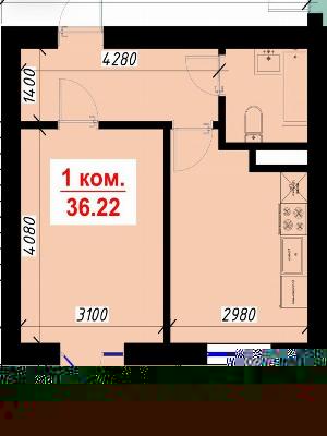Однокомнатная квартира 36.22 кв.м