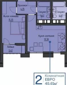2-комнатная квартира в ЖК Regnum Plaza, 45 кв.м