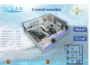 2-комнатная квартира в новостройке ЖК Xon Saroy Ocean, Юнусабад