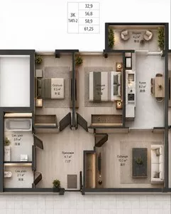 3-комнатная квартира в новостройке, 61.25 м2, Нурафшон