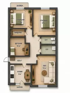 4-комнатная квартира в новостройке, 100 м2, ул. Абдулла Кахара