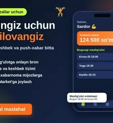 Fitnes zallar uchun bron va keshbekli Android mobil ilova