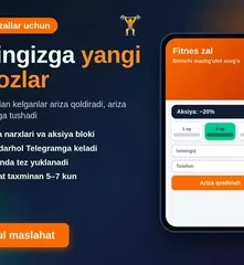 Fitnes zallar uchun obuna taklifi va Telegramga arizali landing page