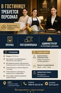 Вакансии в гостиницу: администратор, прачка, посудомойщица